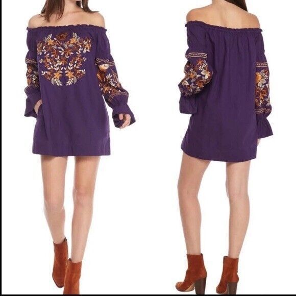 FREE PEOPLE Embroidered Fleur Du Jour Shift Mini Dress Purple - Picture 2 of 12